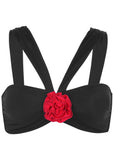 Rosette Halter Bikini Top Black Red
