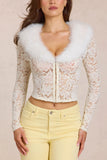 Lace Faux Fur Trim Cardigan in Ivory
