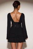 Chiffon Embellished Corset A line Mini Dress in Black