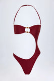 Bead Embellished Cut Out Bandeau Swimsuit in Dark Cherry