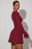 Square Neck Structured Tulip Mini Dress in Wine Red