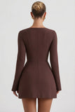Square Neck Structured Tulip Mini Dress in Chocolate Brown