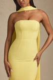 Scarf Detail Strapless Gown in Pastel Yellow