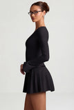 Long Sleeve Pleated Mini Dress in Black
