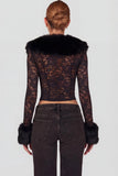 Sheer Lace Faux Fur Trim Cardigan in Black