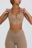 Brushed Jersey V Neck Sports Bra in Mocha Marl