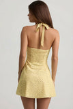 Halterneck A Line Mini Dress in Yellow Flower Print