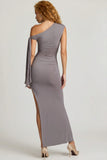 Off Shoulder Ruched Tie Detail Maxi Dress in Steel Grey