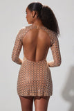 Embellished Semi Sheer Cut Out Mini Dress in Almond