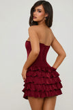Bandeau Ruffled Tiered Corset Mini Dress in Berry Red