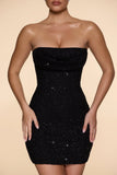 Embellished Strapless Cowl Neck Mini Dress in Black