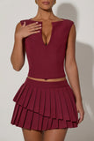 Layered Pleated Low Rise Mini Skirt in Wine Red