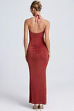 Hardware Detail Cut Out Halterneck Maxi Dress in Auburn Brown