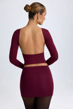 Modal High Neck Long Sleeve Open Back Top in Wine Red