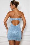 Embellished Sweetheart Neck Mini Dress in Light Blue