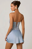 Embellished Draped Strapless A Line Mini Dress in Sky Blue