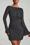 Embellished Open Back A Line Mini Dress in Black