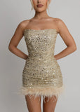 Sweeter Nights Embellished Feather Mini Dress Gold