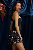 Strapless Ruffled Tiered Corset Mini Dress in Black Floral Print
