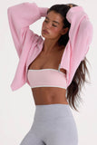 Ribbed Knit Zip Up Cropped Sweatshirt in Pale Pink