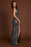 Embellished Peekaboo Cowl Neck Dress in Silver Snake