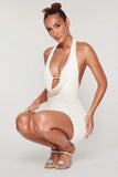 Deep Plunge Embellished Mini Dress in White