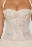 Embellished Halterneck Bubble Hem Mini Dress in Ivory