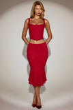 Lace Mid Rise Fluted Midi Skirt in True Red
