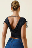 Asymmetric Ruched Cowl Back Crop Top in Black