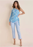 Printed One Shoulder Top Blue Fans