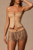 Fringed Low Rise Mini Shorts in Tan