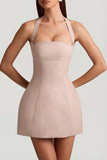 Pinstripe Halterneck Structured A Line Mini Dress in Mushroom