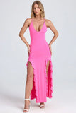 Ruched Ruffle Trim Maxi Dress in Lollipop Pink
