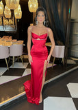 Carley Diamante Satin Split Gown Red