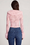 Sheer Lace Faux Fur Trim Cardigan in Pink