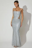 Embellished Cut Out Gown in Silver