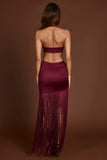 Fringed Plunge Neck Maxi Dress in Wine Red