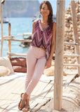 V Neck Sleeveless Top Burgundy Multi