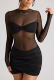 Sheer Panelled Long Sleeve Mini Dress in Black