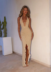 True To Form Lurex Ruffle Maxi Dress Gold