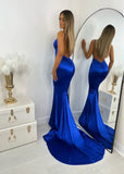 Love Affair Satin Gown with Ruched Back Electric Blue
