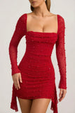 Embellished Cowl Neck Draped Mini Dress in True Red