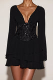 Chiffon Embellished Corset A line Mini Dress in Black