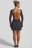 Embellished Open Back A Line Mini Dress in Black