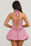 Halterneck Lace Up Bubble Hem Corset Micro Mini Dress in Mauve