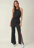 Linen Front Slit Jumpsuit Jet Black