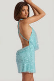 Embellished Cowl Neck Backless Mini Dress in Aqua Blue