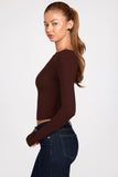 Ribbed Modal Ruched Long Sleeve Top in Chocolate Brown