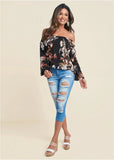 Bell Sleeve Printed Top Black Multi