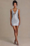 Embellished Plunge Cowl Neck Mini Dress in Diamond